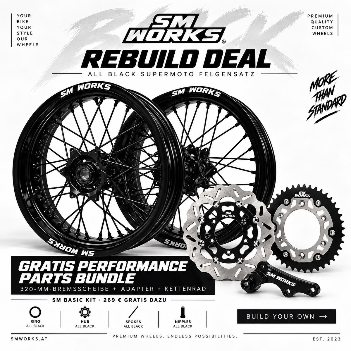 OFFERTA DI RICOSTRUZIONE: SET DI CERCHI SUPERMOTO COMPLETAMENTE NERI