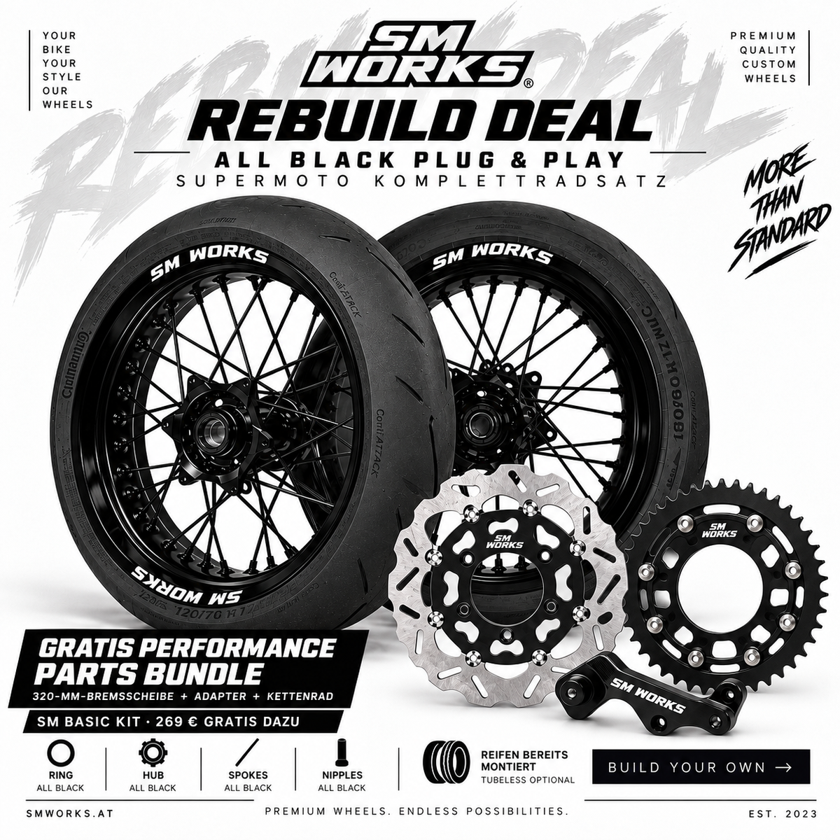 REBUILD-ERBJUDANDE: SVART PLUG & PLAY SUPERMOTO KOMPLETTHJULSSATS