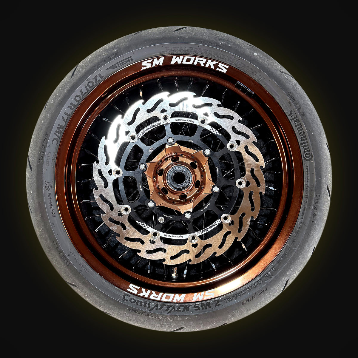 SM WORKS Supermoto Vorderrad mit Felgenring in Bronze und schwarzen Speichen